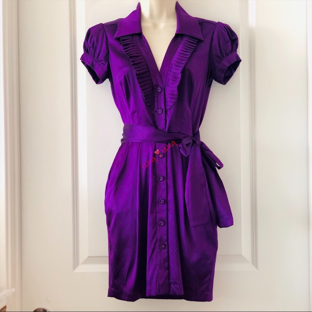 BEBE Silk Ruffle Front Shirt Dress, Cap Sleeve XXS - Picture 1 of 8